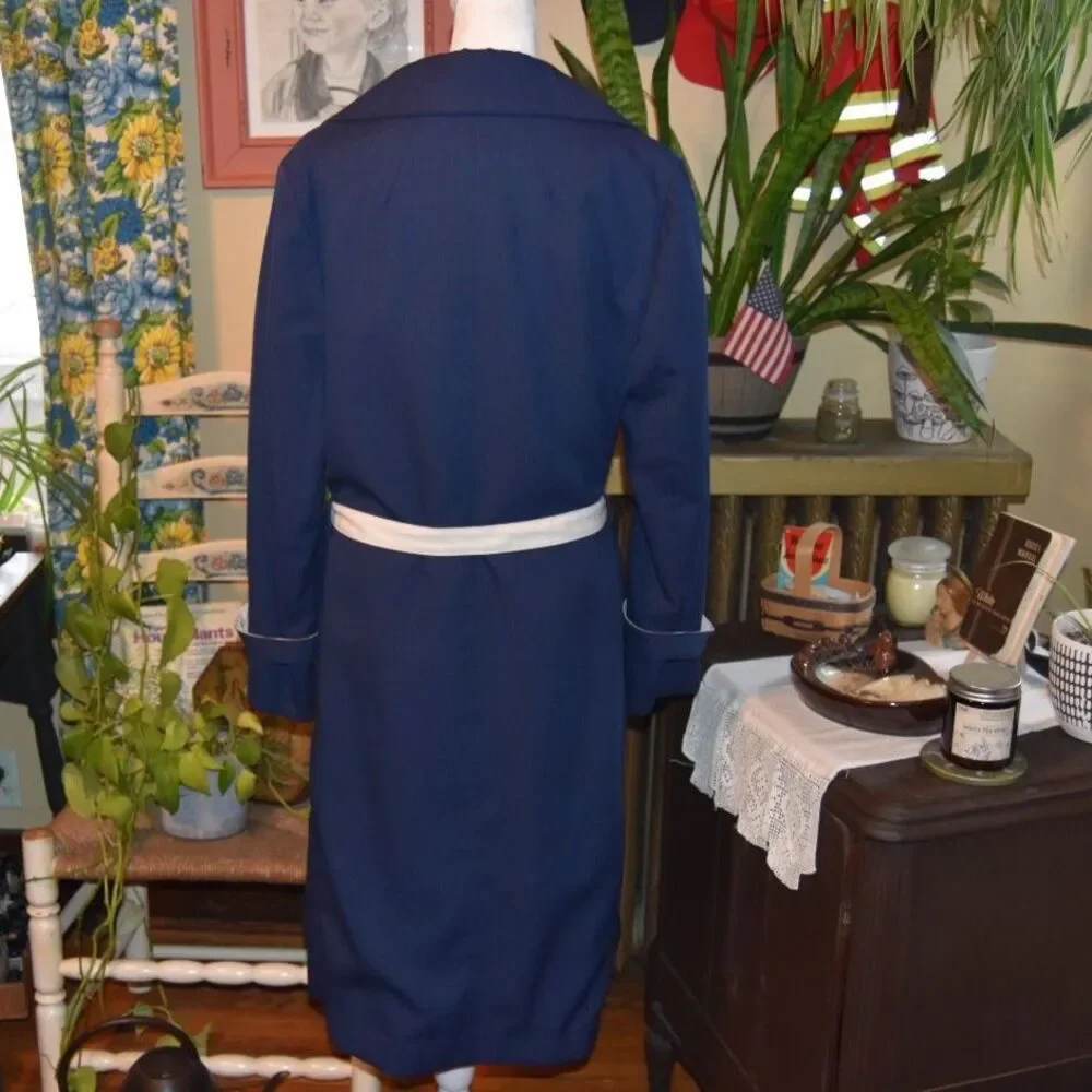Vintage 1970s Jerold Raincoat Midi Length Navy Blue White Lining Size Large